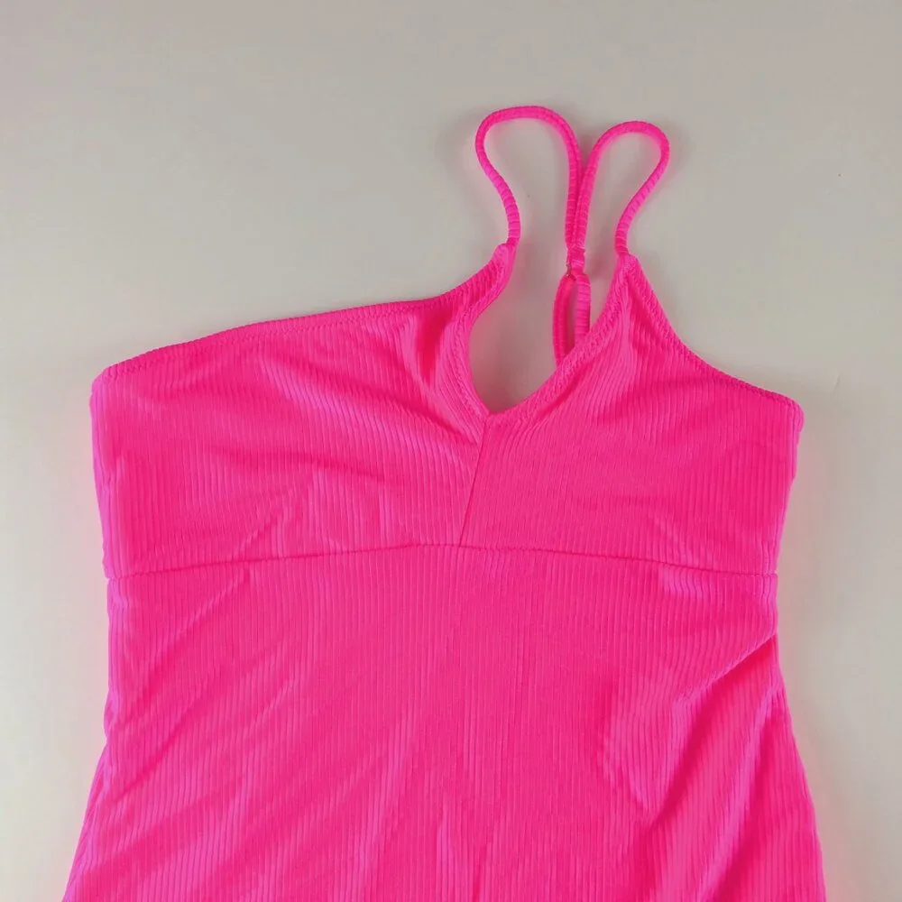 Aerie Shine Rib One Shoulder Full Coverage One Piece Swimsuit Women's M Pink